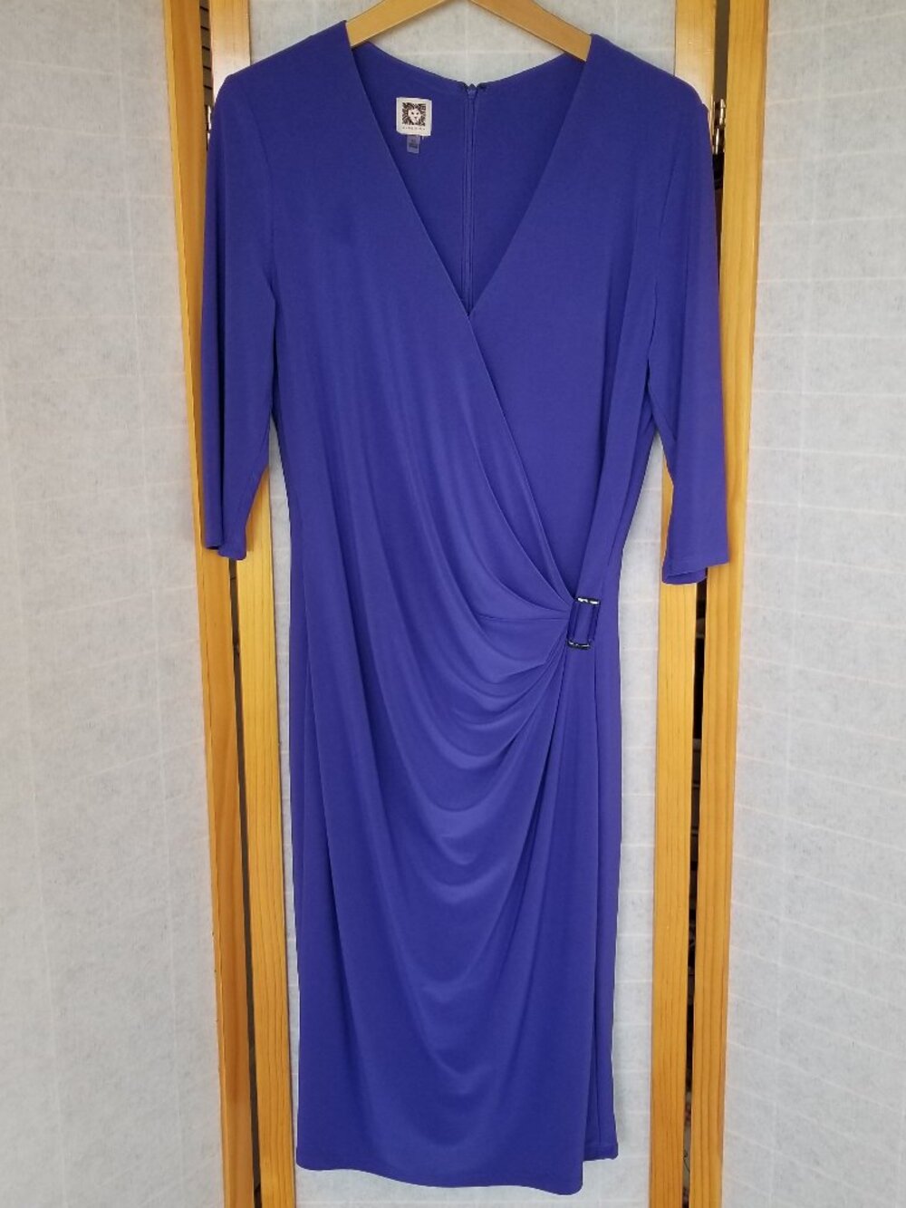 Anne Klein Dress Ruched Surplice Faux-Wrap Sheath Dress Royal Blue Purple SZ 10